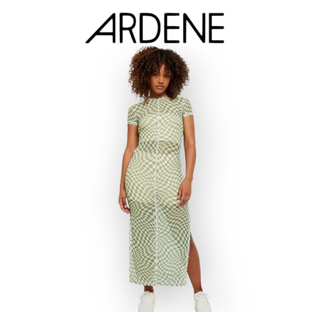 Ardene Green White Gingham Wavy Checkerboard Mesh Semi Sheer Maxi Dress SpringUp